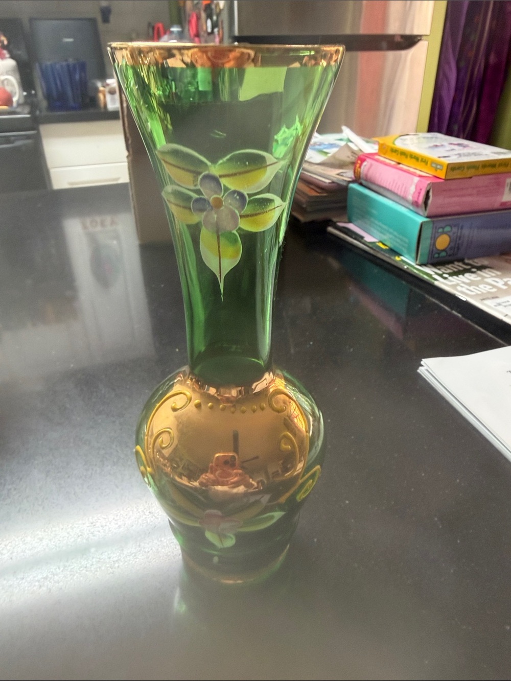 Green Hand-Painted Glass Vase with Gold Accents